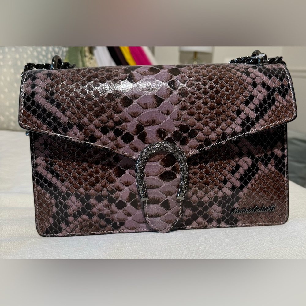 MARINA GALANTI ITALIAN DESIGNER LILAC SNAKESKIN LEATHER CROSSBODY BAG